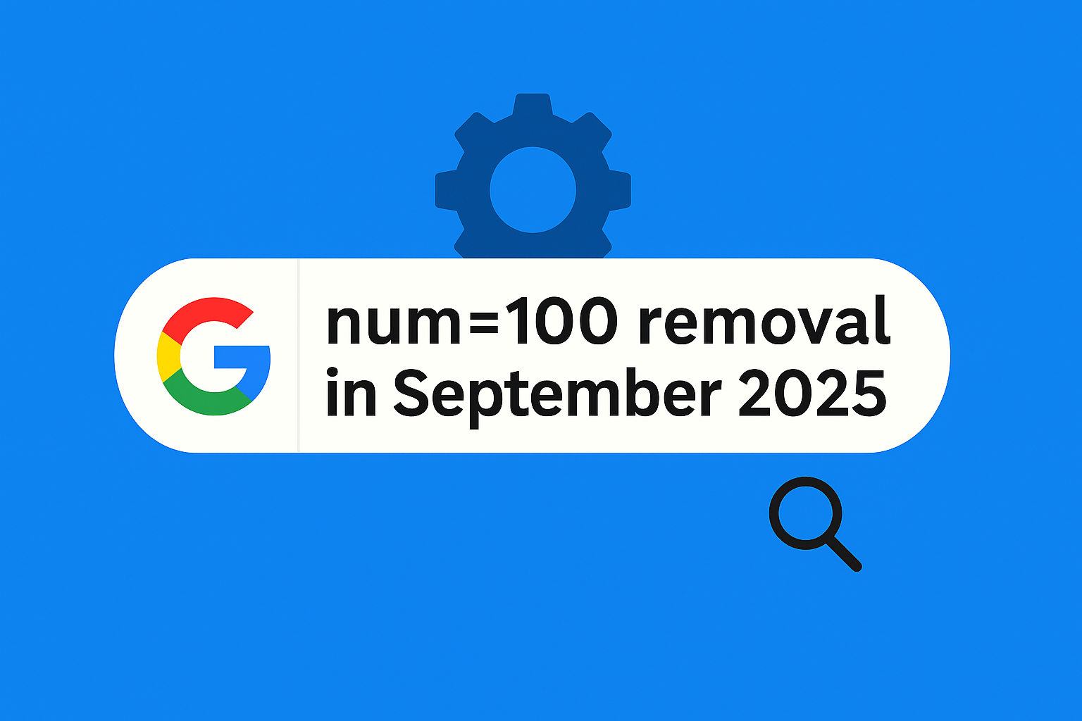 A Google search bar graphic displays the text "num=100 removal in September 2025" with a gear and magnifying glass icon on a blue background.