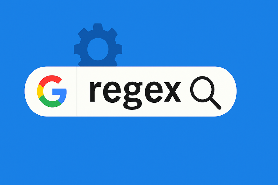 A search bar with the Google logo, the word "regex" typed in, and a magnifying glass search icon. A gear icon appears behind the search bar, all on a blue background.