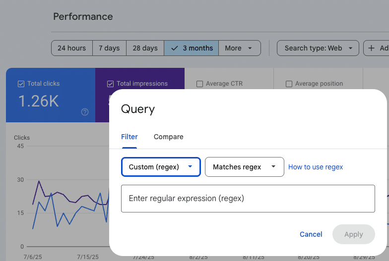 A web analytics dashboard shows a "Query" filter box with options to use custom regular expressions. In the background, metrics like total clicks, impressions, and a line graph are visible.