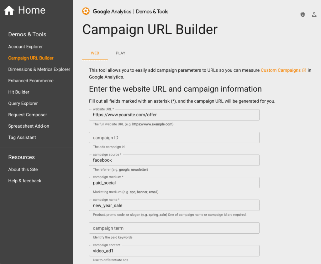 Screenshot of the Google Analytics Campaign URL Builder page. The form fields include website URL, campaign ID, source, medium, name, term, and content, with sample entries filled in for each field.
