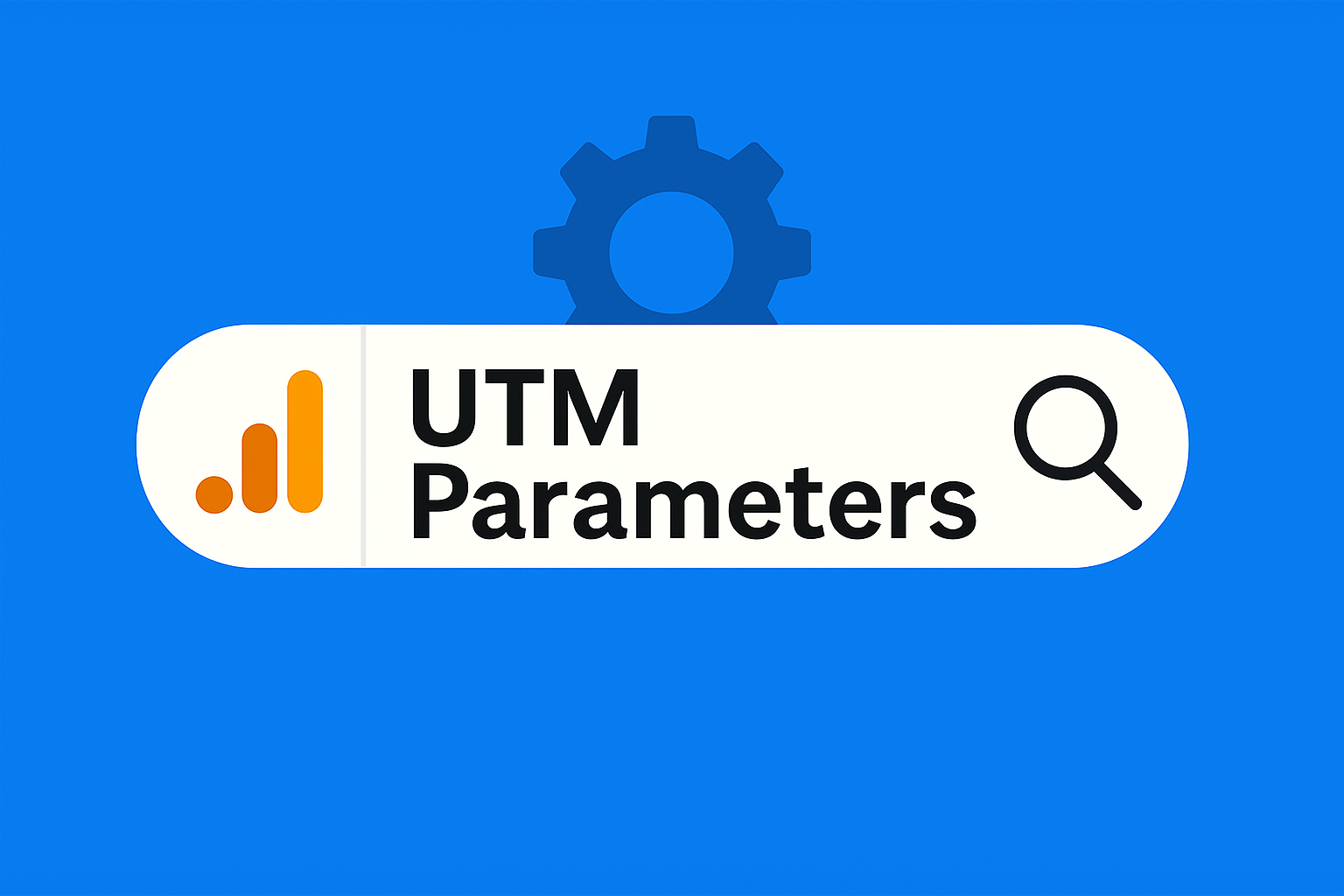 A search bar with the text "UTM Parameters," an orange analytics icon on the left, and a magnifying glass icon on the right, set against a blue background with a faint gear graphic.