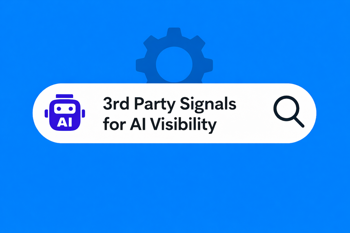 A search bar graphic on a blue background shows a purple robot icon labeled "AI," the text "3rd Party Signals for AI Visibility," and a magnifying glass icon, with a faint gear in the background.