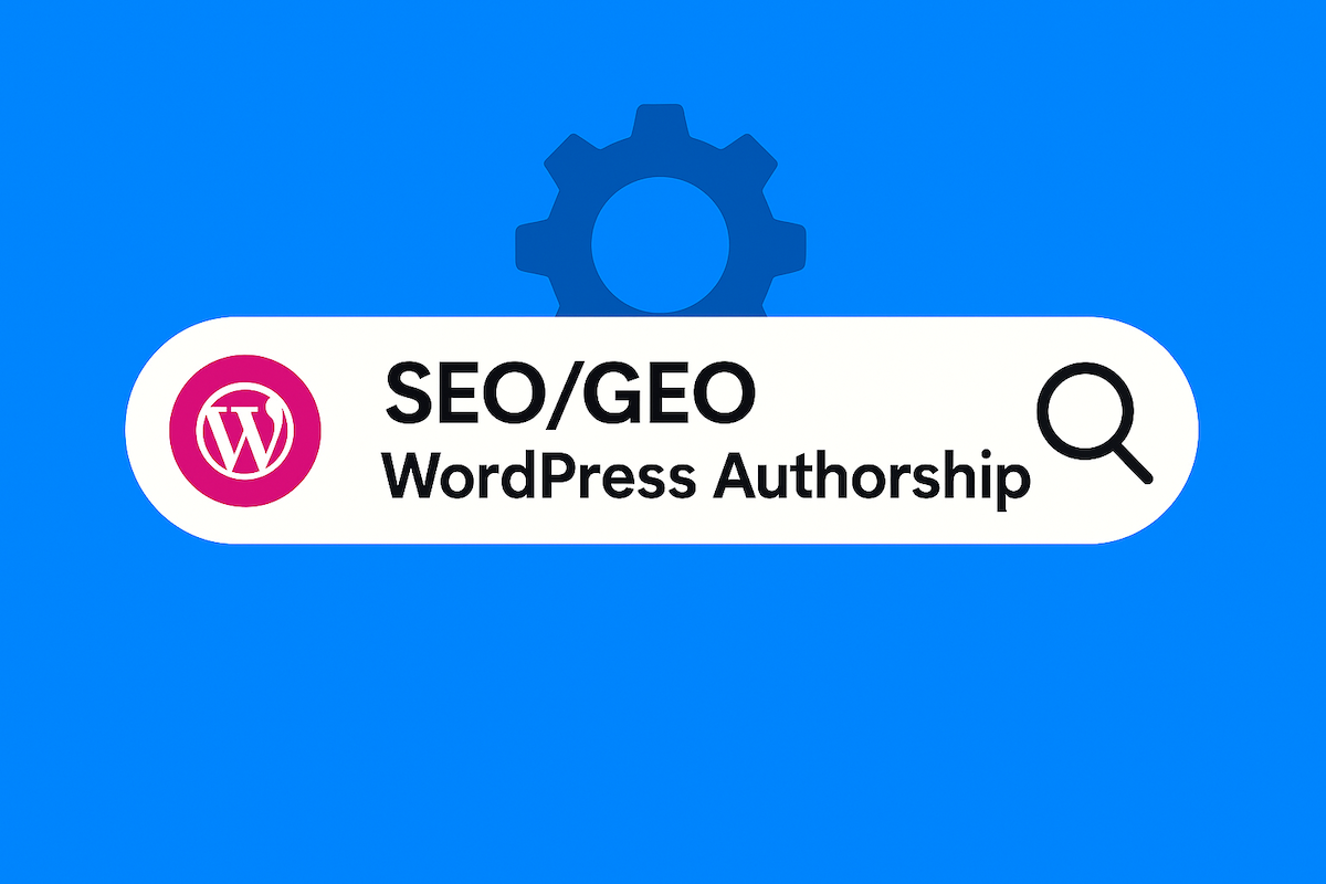 A WordPress logo, the text "SEO/GEO WordPress Authorship," and a magnifying glass icon appear inside a search bar graphic, with a gear icon partially behind it on a blue background.