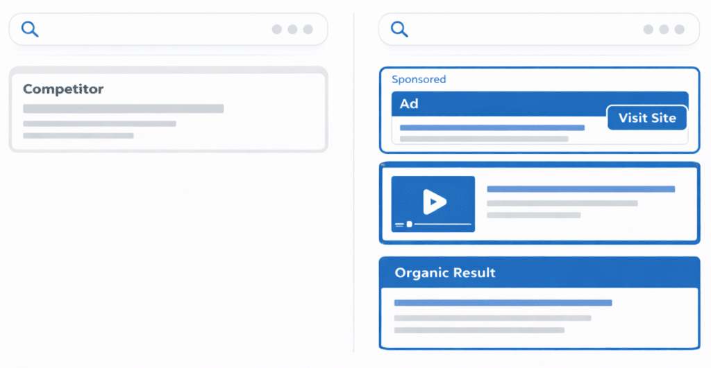 Side-by-side illustration of search results: left shows a competitor’s result, right shows a search with a sponsored ad, a video result, and an organic result, all highlighted in blue.