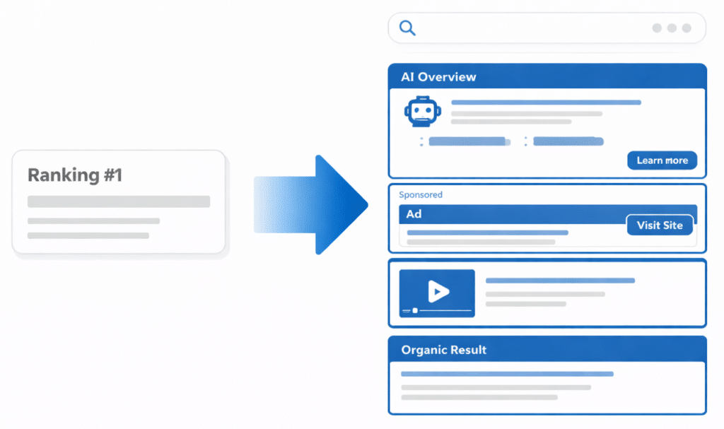 A graphic shows a “Ranking #1” search result moving to the third position in a search results page, now below AI Overview, Sponsored Ad, and above Organic Result.