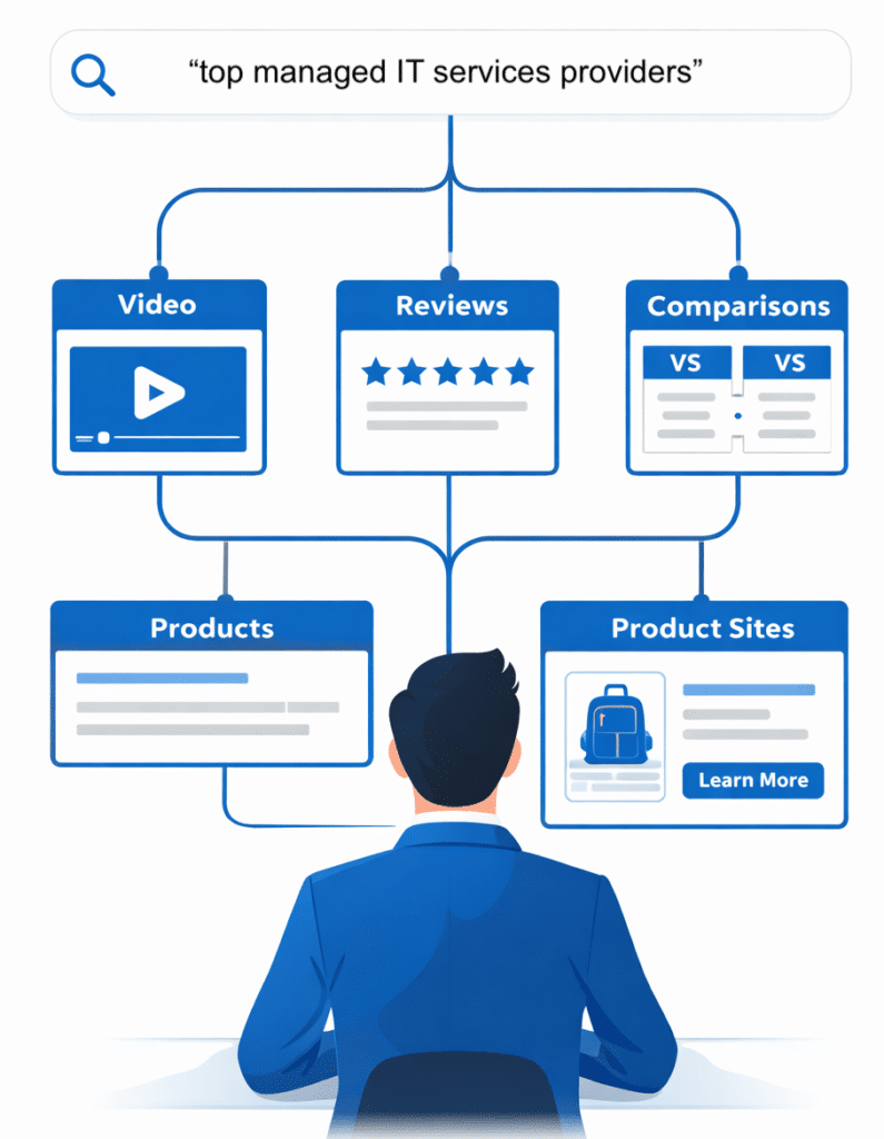 Illustration of a person viewing search results for “top managed IT services providers,” branching into categories: Video, Reviews, Comparisons, Products, and Product Sites with related icons and graphics.