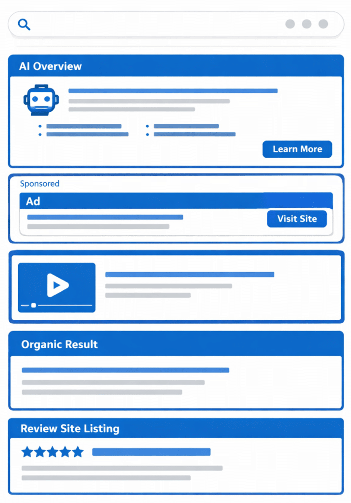 A search results page showing an AI overview, a sponsored ad, a video result, an organic result, and a review site listing with star ratings. Each section is highlighted with blue boxes and icons.