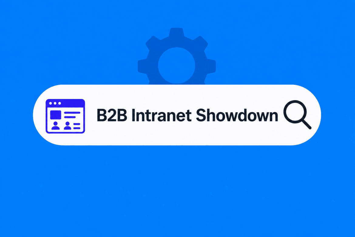 A search bar on a blue background displays "B2B Intranet Showdown" with a magnifying glass icon and a web page icon. A gear shape is partially visible behind the search bar.