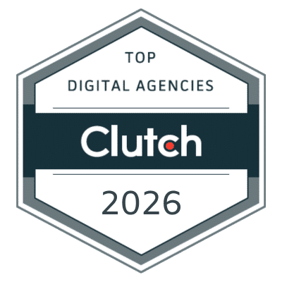 Hexagonal badge with the text "Top Digital Agencies Clutch 2026" in white and dark blue, signifying a Clutch award for leading digital agencies in 2026.