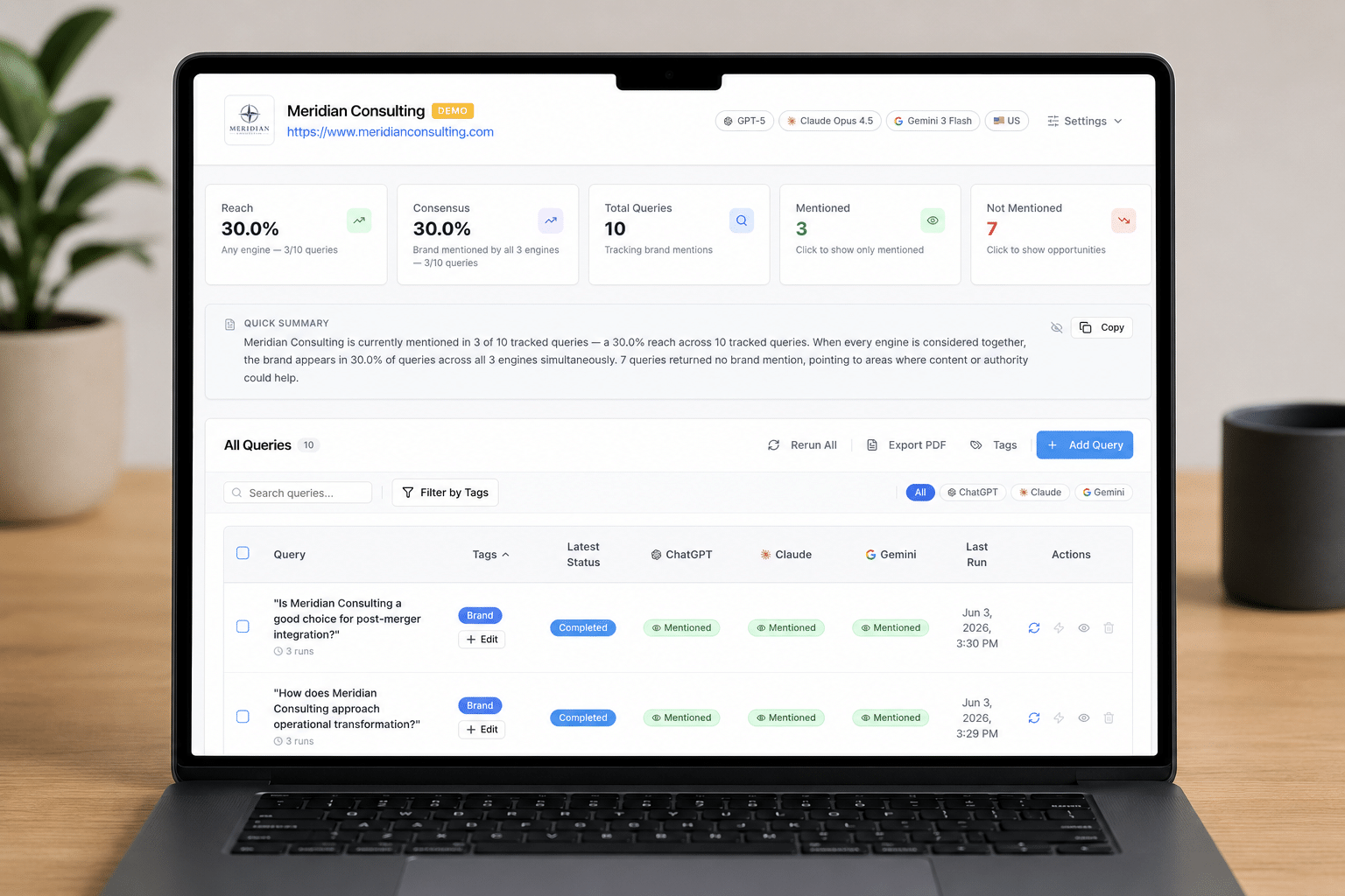 A laptop screen displays a business analytics dashboard for Meridian Consulting, showing company stats, query tracking, and response analytics in a clean, organized interface. The laptop sits on a wooden desk with a plant in the background.