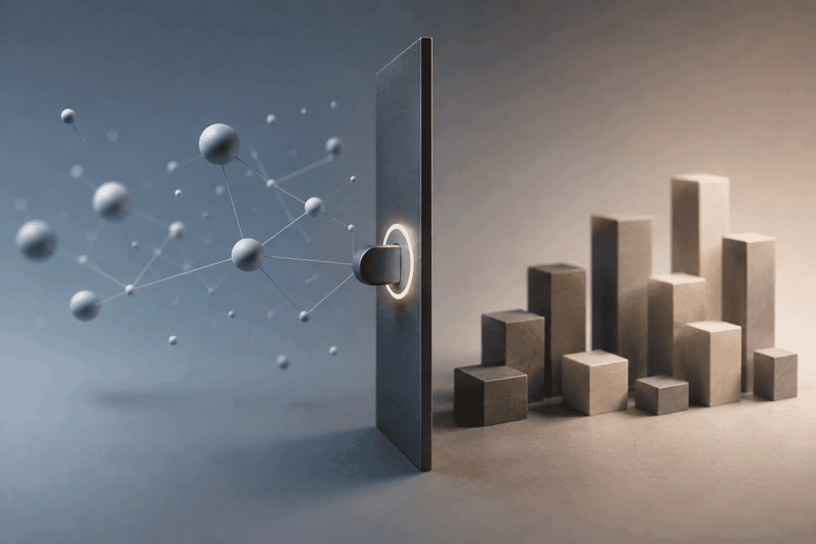 A metallic door with a glowing button separates floating molecular structures on one side from geometric bar graphs on the other, symbolizing transformation of data into analytics.