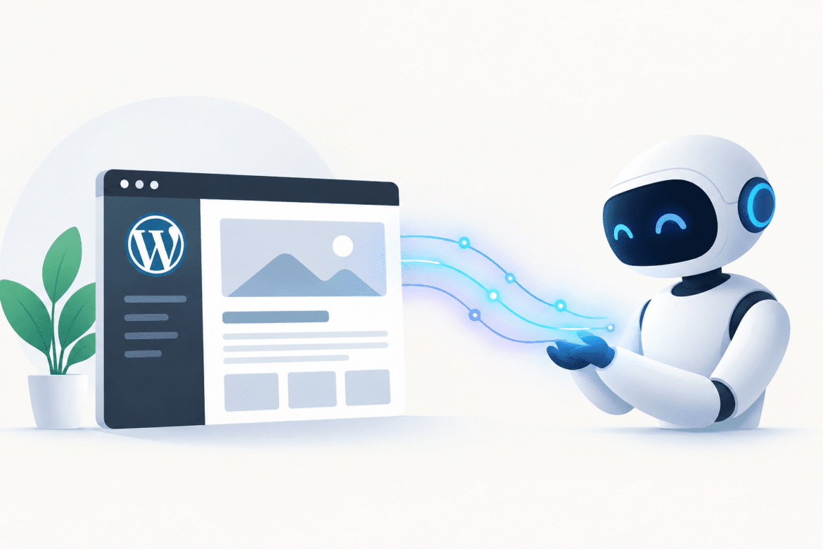 A small white robot with glowing blue eyes interacts with a WordPress webpage, with streams of light connecting the robot’s hands to the screen.